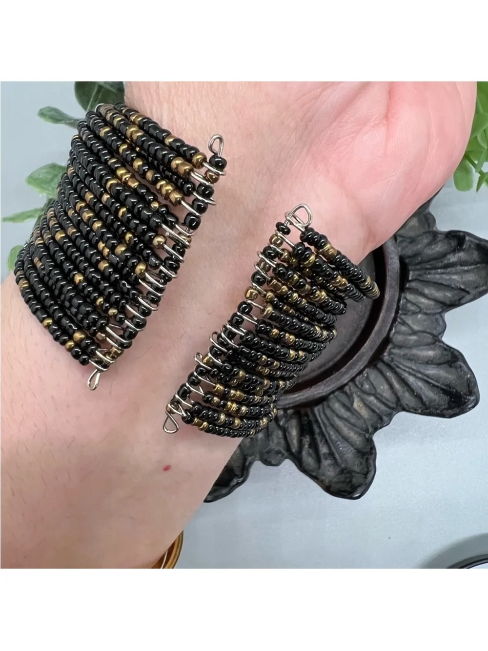 Black and Gold Beaded Stretch Cuff Bracelet -FINAL PRICE DROP